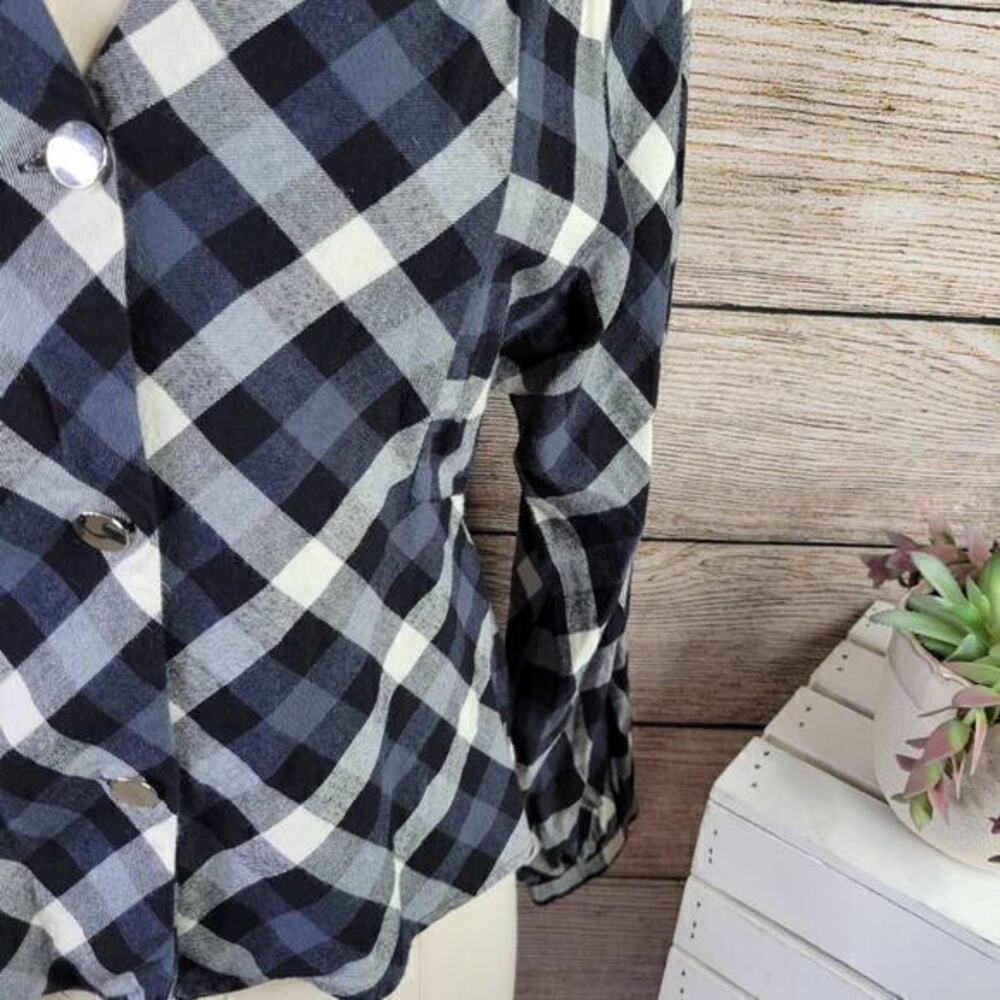 Zara Plaid Check Button Down Dolman Black White Top Size Small - Picture 3 of 5